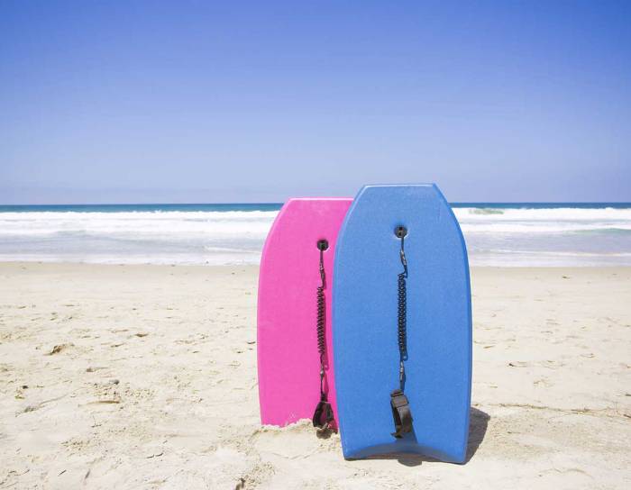 Two bodyboards planted on the beach in Florida